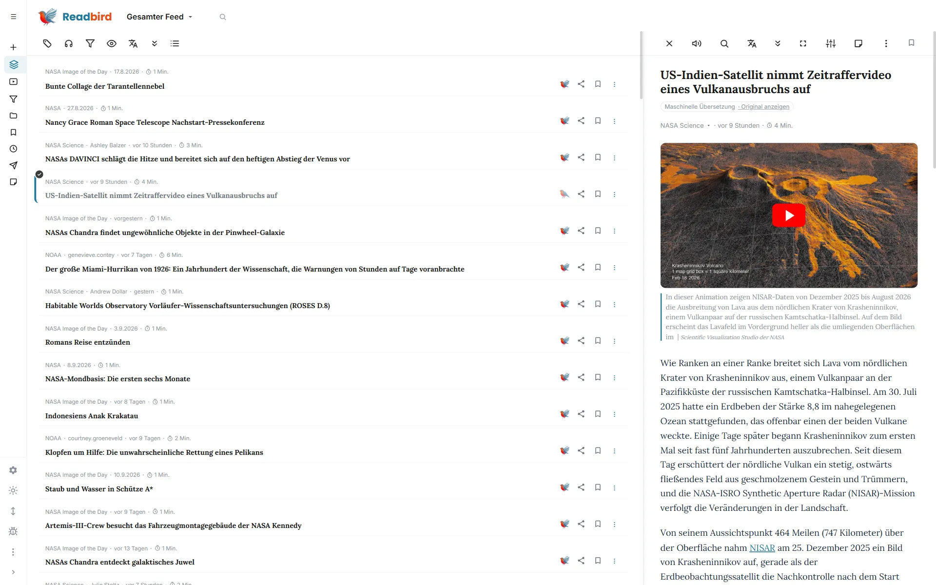 Readbird — Ansicht „Liste“ am Desktop