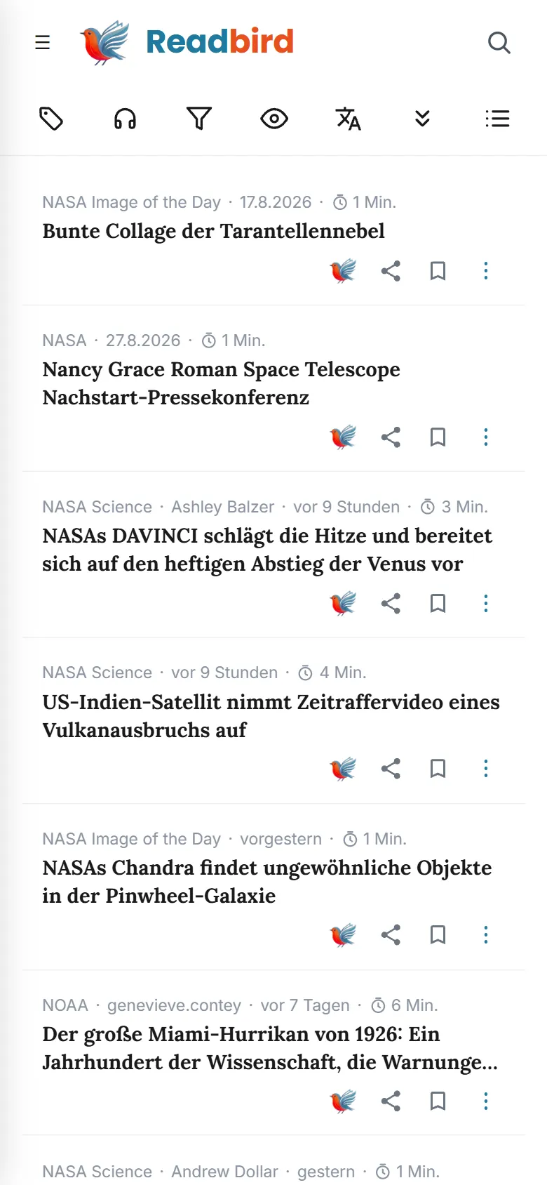 Readbird — Ansicht „Liste“ auf dem Smartphone