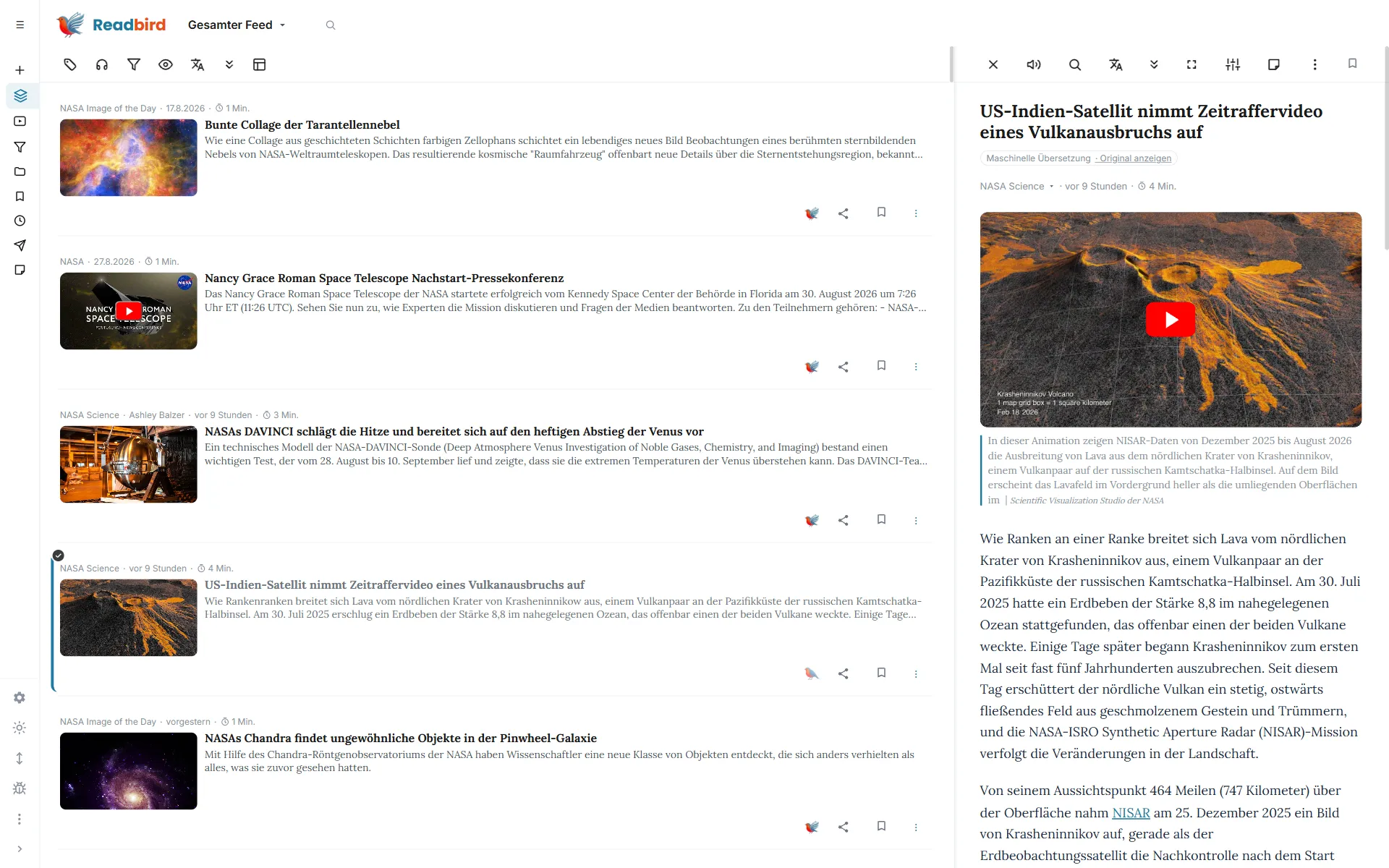 Readbird — Ansicht „Magazin“ am Desktop