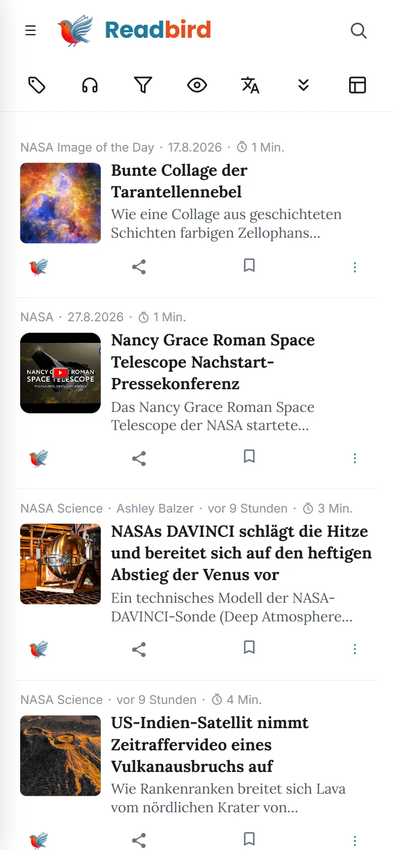 Readbird — Ansicht „Magazin“ auf dem Smartphone