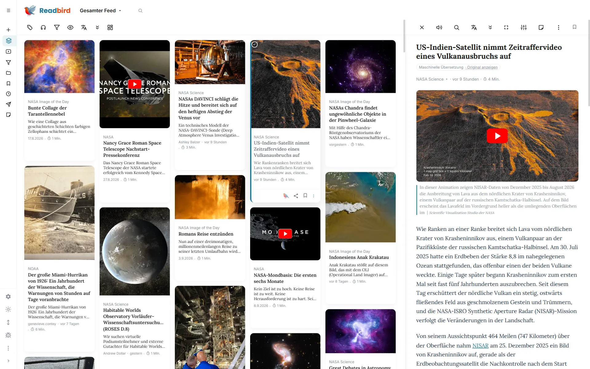 Readbird — Ansicht „Pinboard“ am Desktop