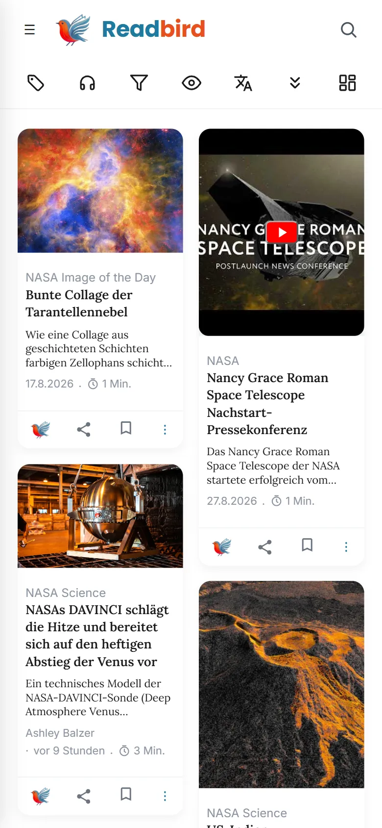 Readbird — Ansicht „Pinboard“ auf dem Smartphone