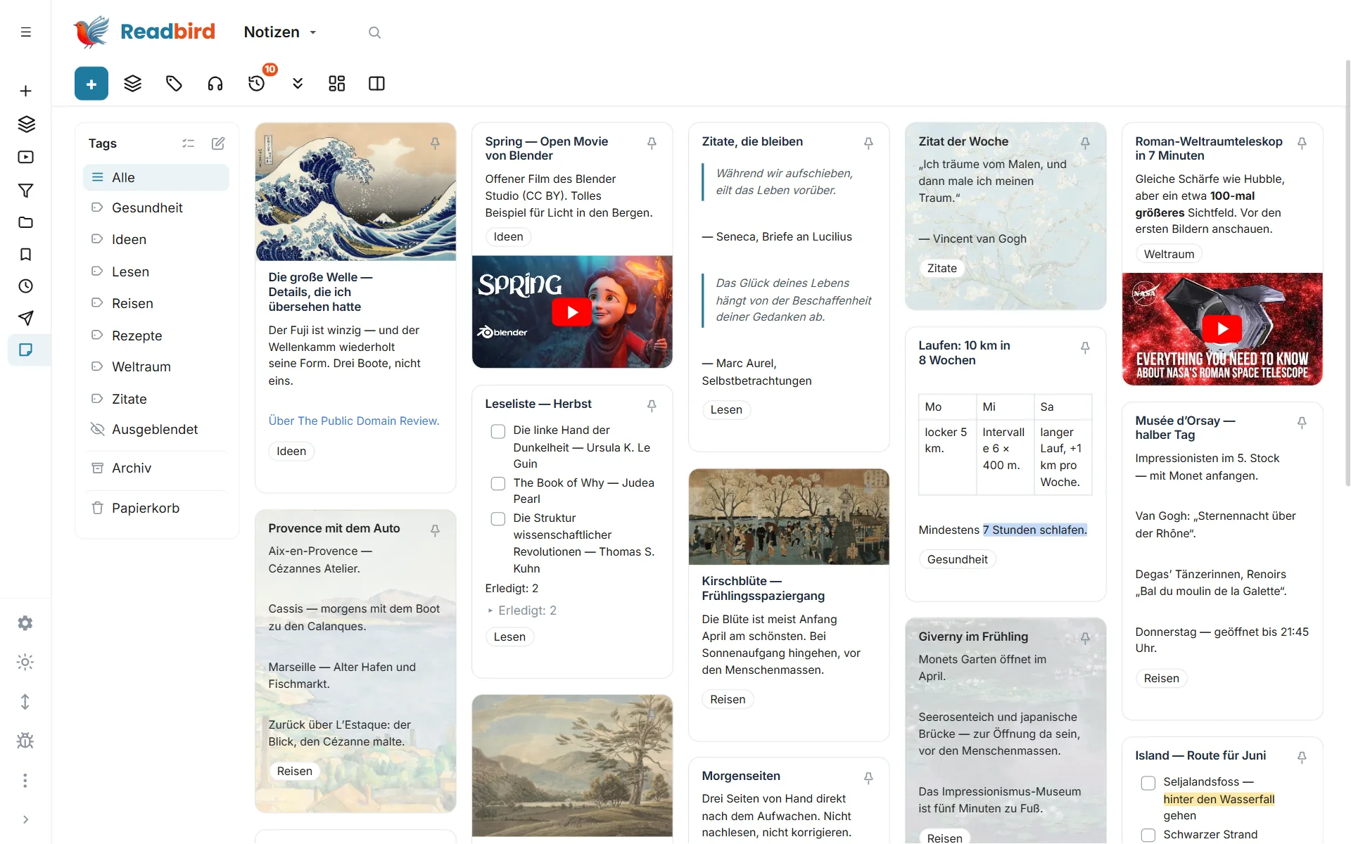 Readbird — Notizen mit Fotos, Checklisten und Videos — Raster