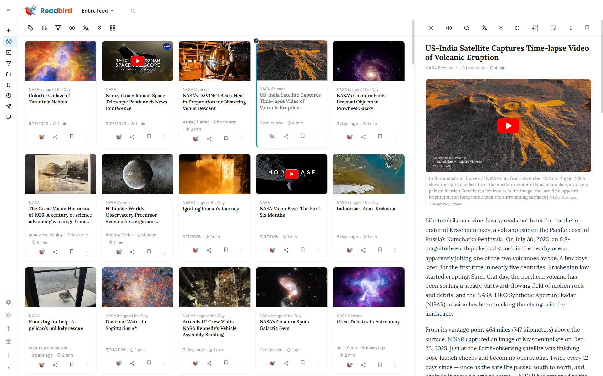 Readbird — Cards view on desktop