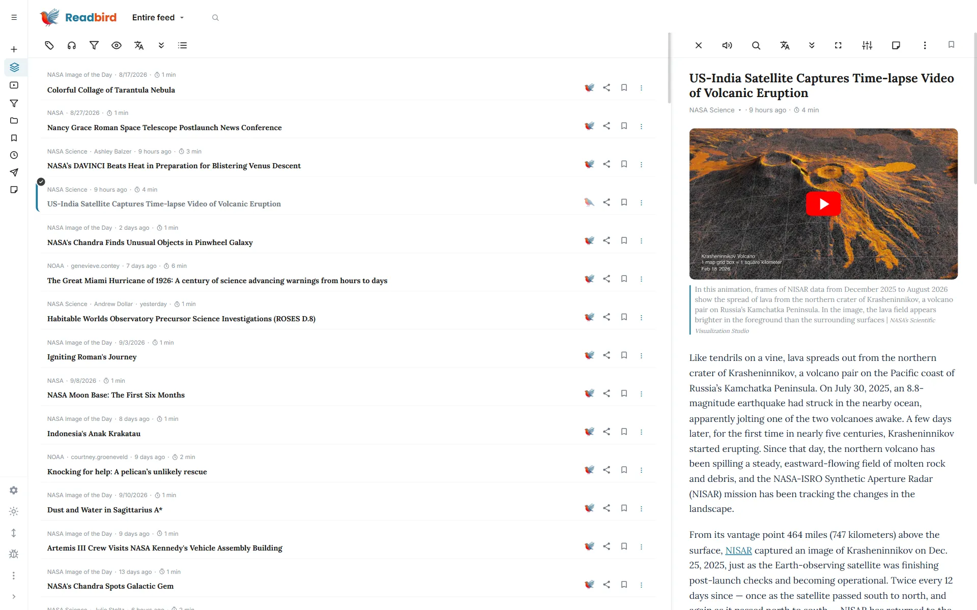 Readbird — List view on desktop