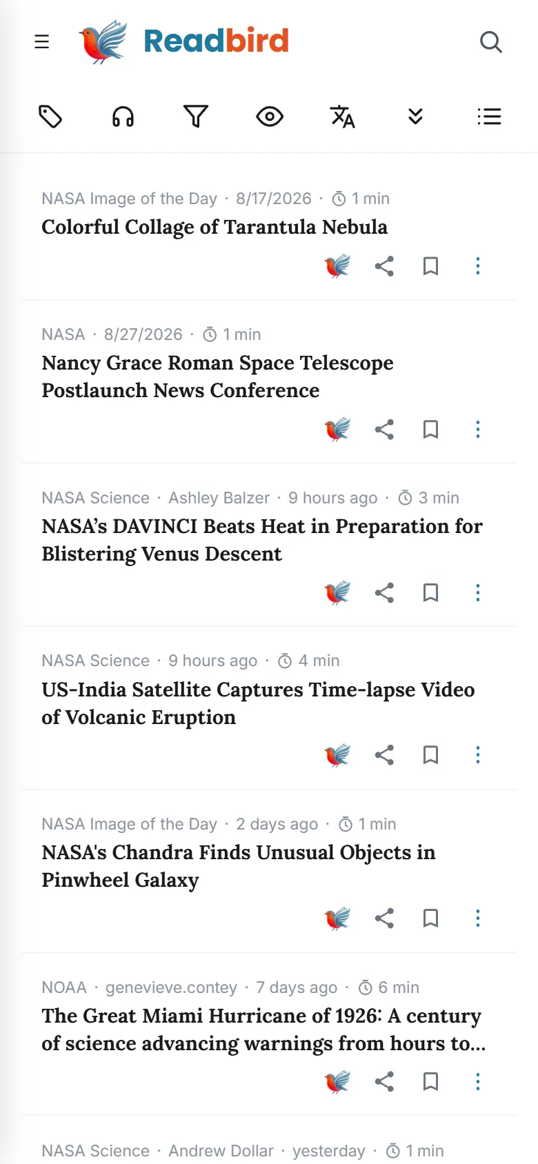 Readbird — List view on a phone