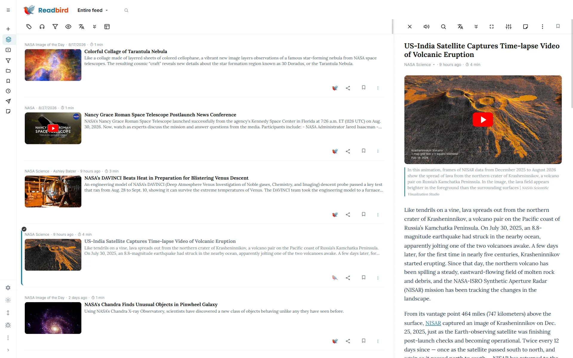 Readbird — Magazine view on desktop