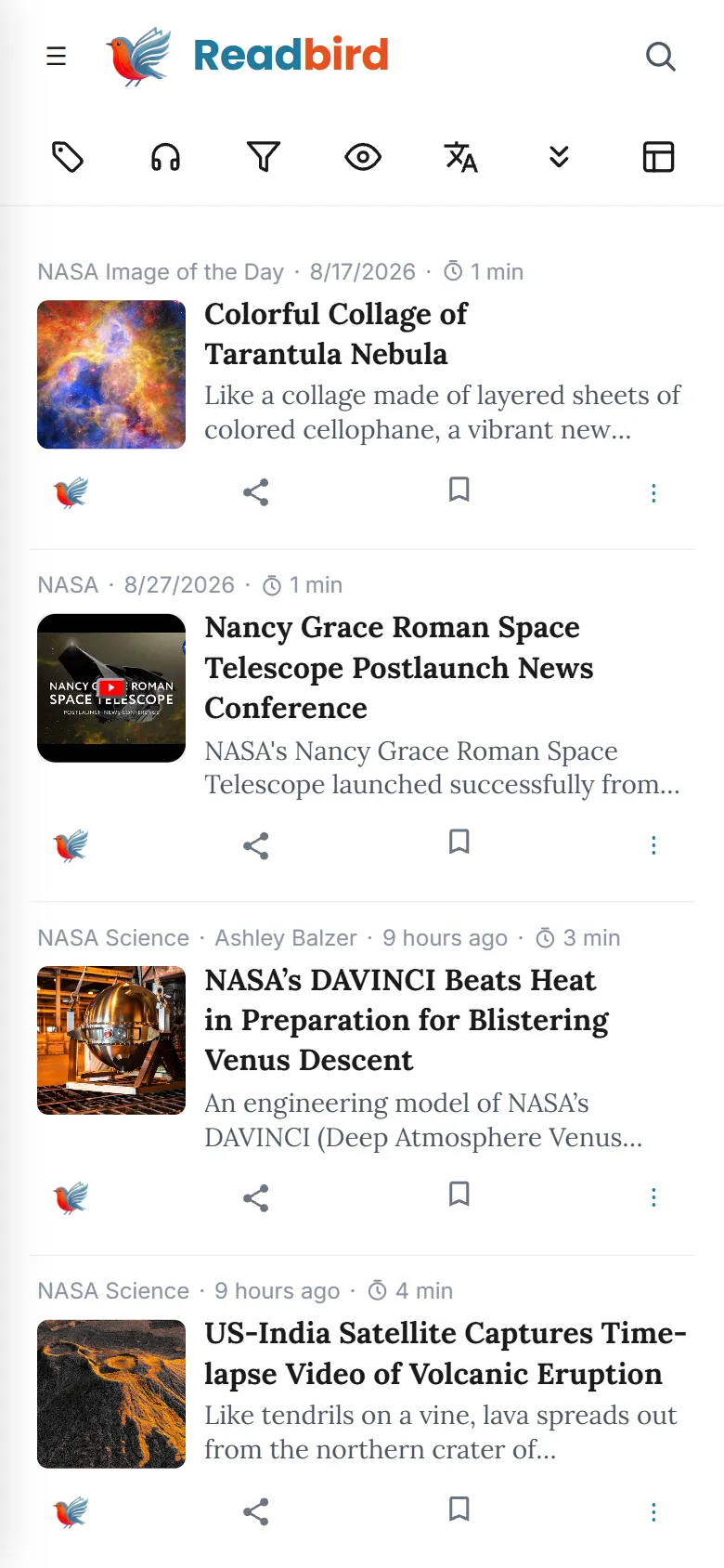 Readbird — Magazine view on a phone