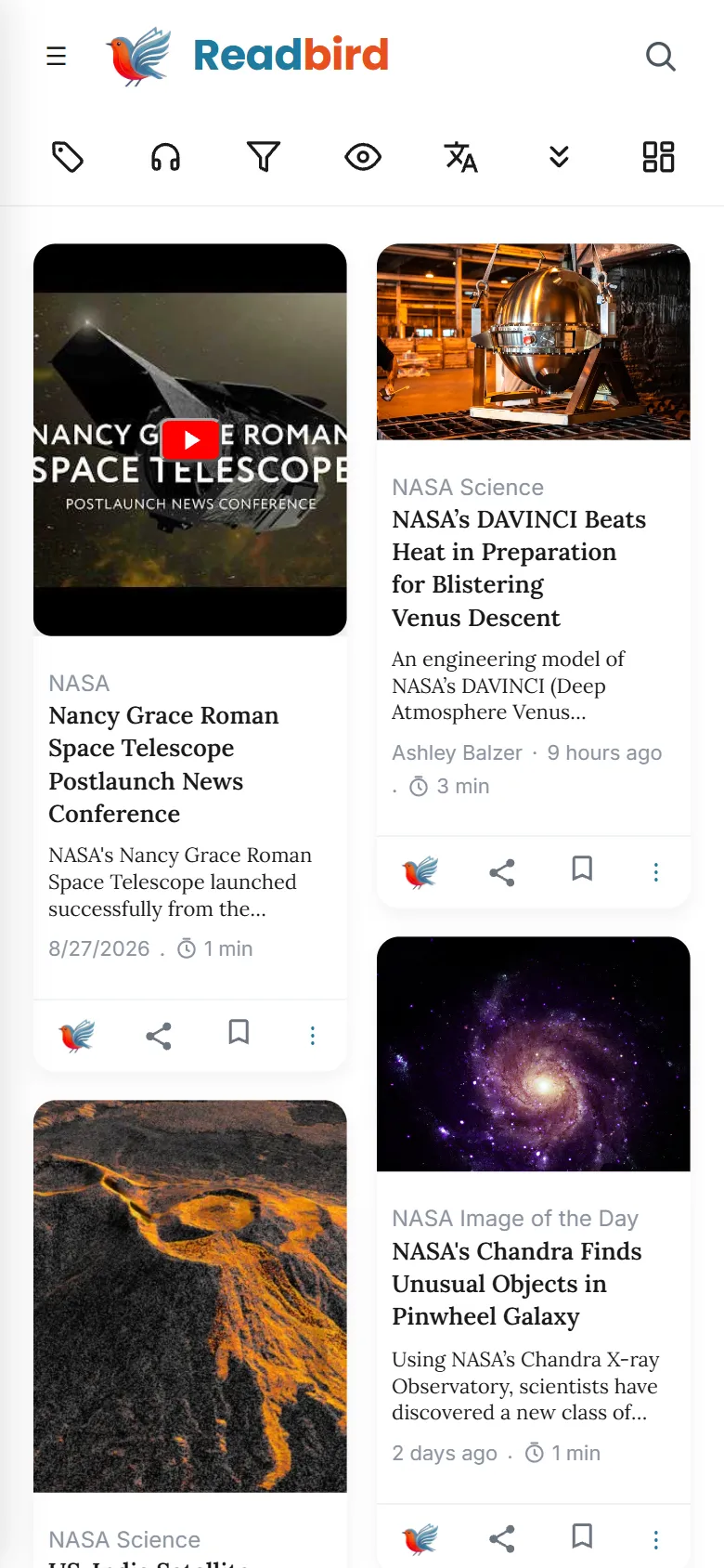 Readbird — Pinboard view on a phone