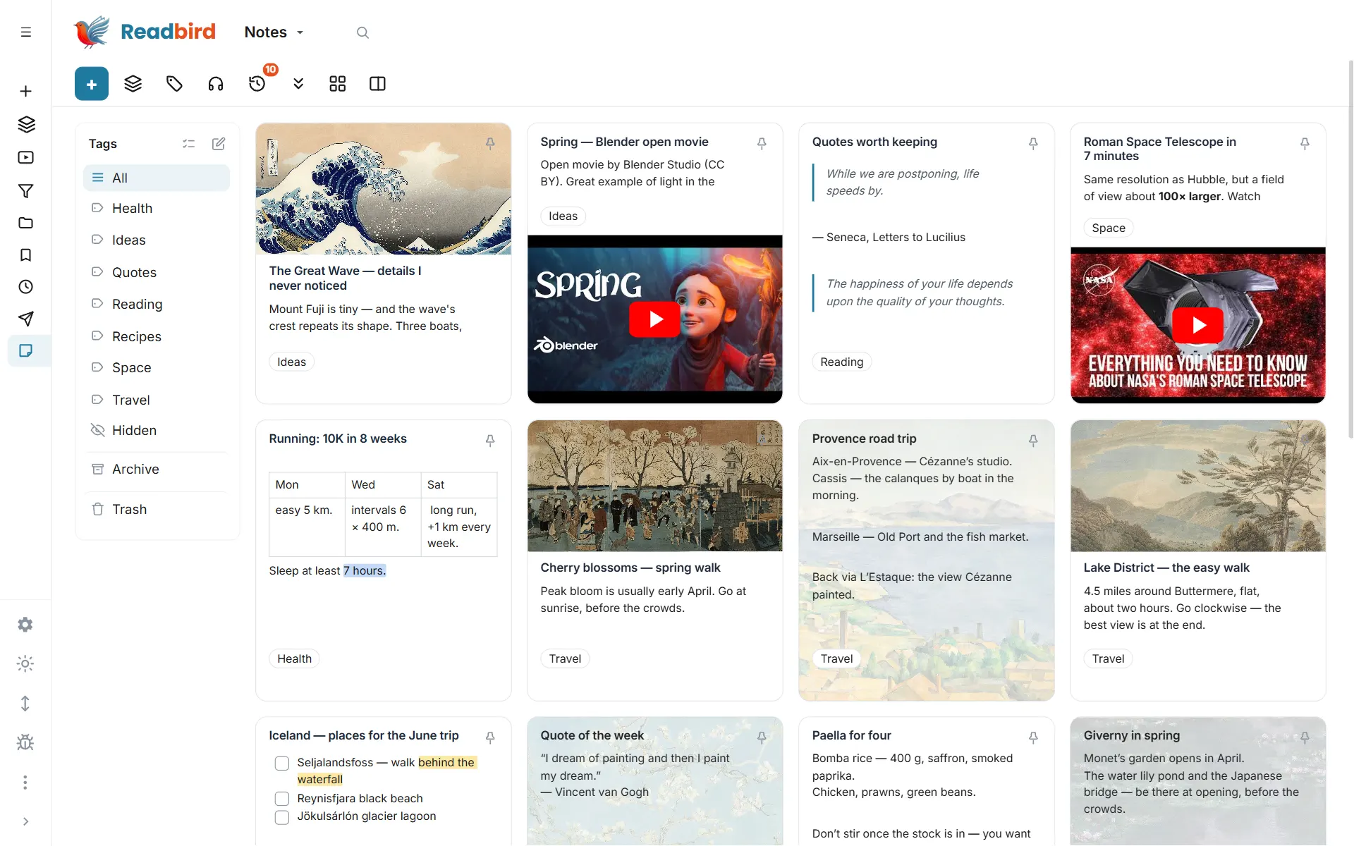 Readbird — notes with photos, checklists and videos — Cards