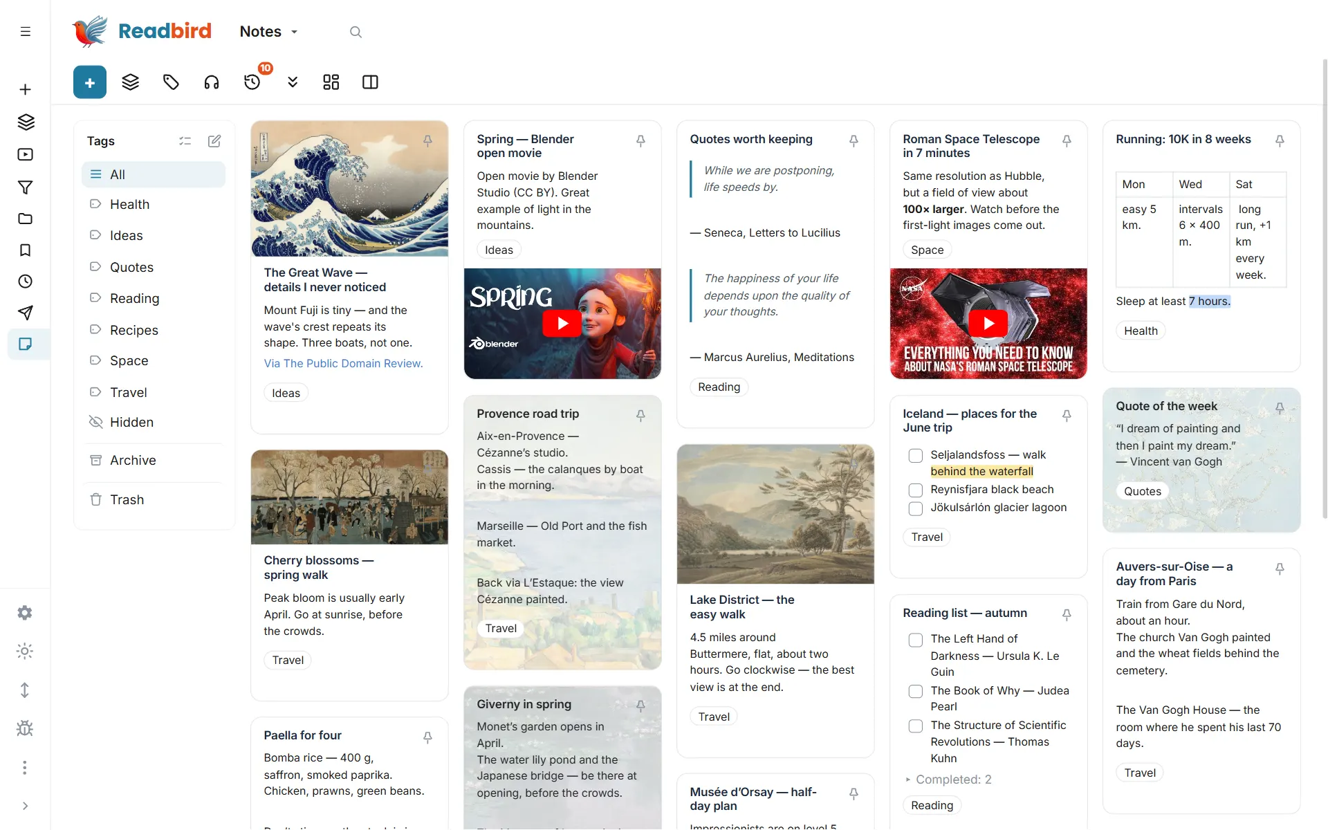 Readbird — notes with photos, checklists and videos — Grid